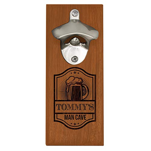 wooden bottle opener magnetic - Engraved Wooden Wall Mounted Beer Bottle Opener with Magnetic Cap Catcher Gift for Him, Man Cave, Husband - Personalized with Pub Style (Walnut)