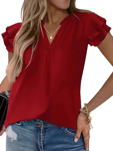 Sucolan Womens Tops Dressy Casual Sexy V Neck Business Office Blouses Ruffle Sleeve Flowy Red Shirts for Women M