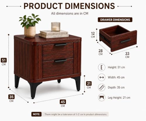 Image of Solid Sheesham Wood Bedside Table for Bedroom & Livingroom | Nightstand End Table with 2 Drawers Storage for Home | Modern & Luxury Design| (Mahoganyn Finish 1)