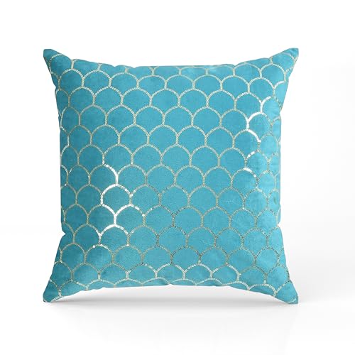 Image of Decorative Throw Pillow Covers, Turquoise Blue with Gold Moroccan Pattern, Velvet Cushion Covers, 2 Pack