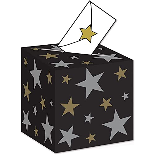 Beistle Awards Night Ballot Box – Black Cardstock Voting and Raffle Entry Box with Gold and Silver Stars for Hollywood Awards Ceremonies Talent Contests Fundraisers Proms and Special Events, 9" x 9"