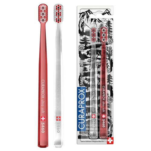 Curaprox Spazzolino manuale Cura delle gengive per adulti/Ultra-morbido per la rimozione della placca/Swiss Edition Duo Pack/Rosso-Trasparente/Made in Switzerland