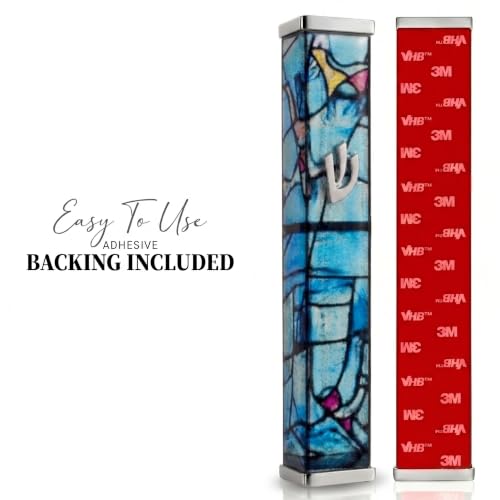 Image of SURI Mezuzah with Scroll for Door | 6 Inch Modern Aluminum Mezuzah Case | Fits 5 Inch Scroll | Gold & Silver Chagall-Inspired Design | Self Adhesive Easy Install | Judaica Jewish Gift
