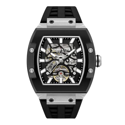 Image of Kenneth Cole New York Men’s Black Automatic Watch, Barrel, Silver Accents
