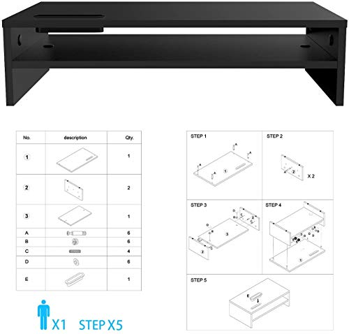 1home Wood Monitor Stand Tv Pc Laptop Computer Screen Riser Desk Storage 2 Tier Black, W540 X D255 X H130Mm (With Smartphone Holder And Cable Management) - Image 4
