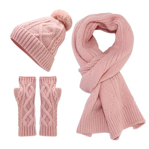 Winter 3 PCS Beanie Hat Gloves Scarf for Men and Women, Knit Fleece Lined Warm Touchscreen Gloves Beanie Scarf Set (Pink, One Size)4