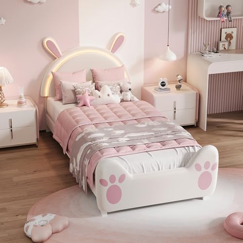 Lit Enfant 90x200 en Velours avec Tête de Lit Oreilles de Lapin, Cadre de Lit avec Éclairage LED et Patchs en Tissu DIY Créatifs, Princesse , Sommier à...