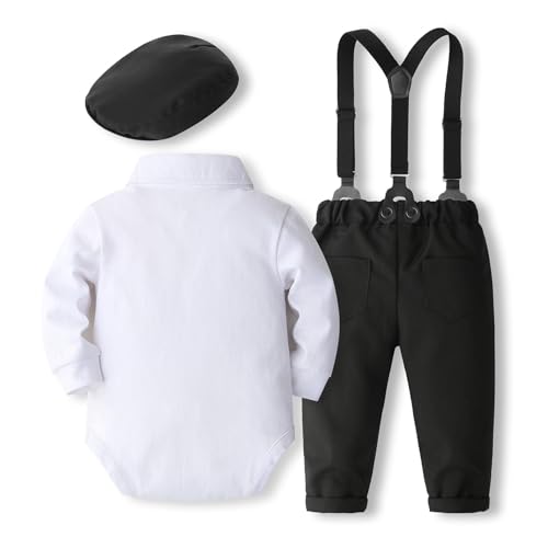 Image of SALNIER Baby Boy Suit Set Infant Formal Outfit Tuxedo | Soft Cotton Shirt Suspenders Pants Bow Tie Beret Hat 5pcs Set, For Wedding Baptism Birthday Party