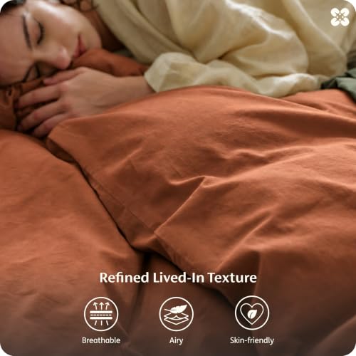Image of Bedsure PureWoven 100% Washed Cotton Duvet Cover Set, King Size, 3-PC | Linen Like Texture, Percale Breathable Bedding Set for All Seasons, Zipper Closure, 8 Corner Ties, Burnt Orange, 104 inch x 90 inch