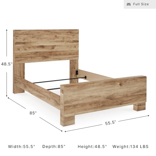 Image of Signature Design by Ashley Hyanna Full Panel Bed, Light Wood Finish | Light wood full size bed frame, Engineered wood and decorative laminate, Rustic golden oak finish, Box spring required