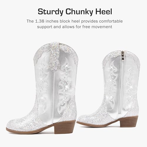 LAURMOSA Girls Cowgirl Boots Silver Sparkle Dressy Frozen Cowgirl Western Boots Size 4 Big Girls Kids Western Riding Shoes for Kids Rhinestone Pointed Toe Cowboy Party Shoes(L1052Silver 4) by LAURMOSA - Used condition - Image 5
