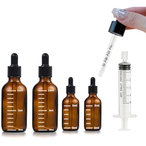 VOVOH Dropper Bottles 0.1&0.3 oz with 5ml Syringe Extract Tool, 5ml & 10ml Thick Dark Amber Glass Tincture Bottles with Eye Droppers-Leakproof Essential Oils Small Bottles with Scale Lines Cover