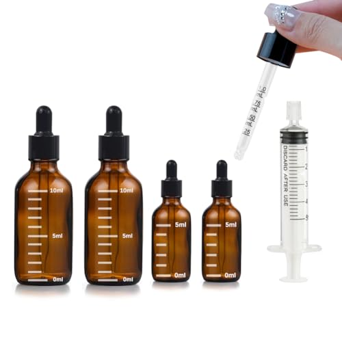 Image of Dropper Bottles 0.1&0.3 oz with 5ml Syringe Extract Tool, 5ml & 10ml Thick Dark Amber Glass Tincture Bottles with Eye Droppers-Leakproof Essential Oils Small Bottles with Scale Lines