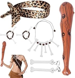 MFCGHXR Steinzeit Kostüm Damen 6-Teiliges Set mit Accessoires – Bärentatzen-Stab, Leoparden-Stirnband, Knochen Halskette, Ohrringe und Armbänder – perfekt für Kostümpartys und Themenveranstaltungen