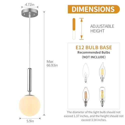 Image of Modern Hanging Light Fixture Pendant Lighting for Kitchen Island Mid Century Chrome Pendant Lights with Globe Milky White Glass Pendant Light for Bedroom Bathroom Entryway (3 Pack)