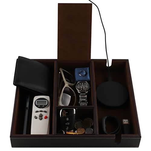 PLENTY Leather Valet Tray, Desk Dresser Nightstand Jewelry Organizer Catchall Tray for Keys Watch Wallet Phone Charging Station (Brown)