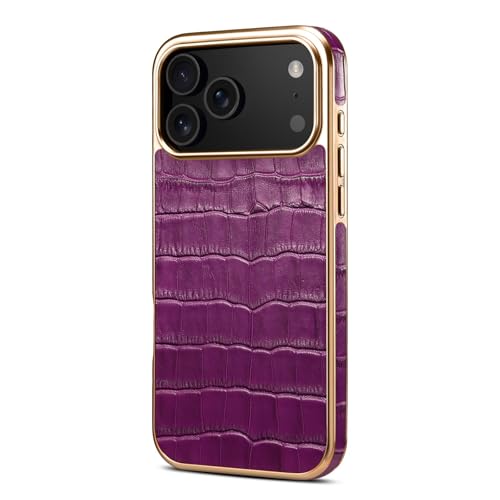 Étui iPhone 17 Pro rigide cuir véritable violet motif crocodile plaqué