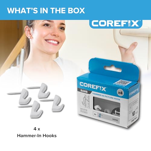 Image of Corefix Barb Wall Hook 4 Pack Universal Hammer-In Picture Hooks, Wall Hooks for Hanging Frames, Mirrors or Canvas into Plasterboard or Wood. Removable and Reusable Hook With Neat Modern Finish (White)