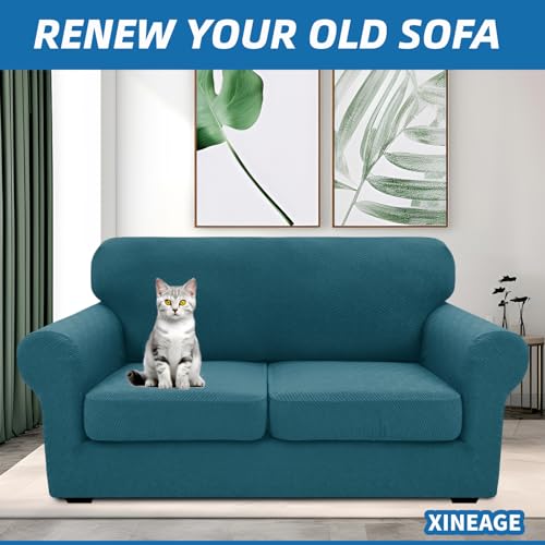 XINEAGE New 3 Pieces Couch Covers for 2 Cushion Sofa Super Stretch Loveseat Slipcover Pet Dog Universal Slip Cover Anti Slip Love Seat Furniture Protector (Peacock Blue, 55"-69")