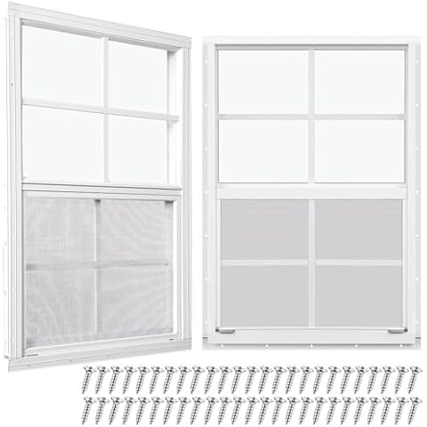 Tandefio 2 Pcs 18''x 27'' White Flush Mount Shed Window with Tempered Glass and Screen Household Windows Sliding Windows with Vertical Slider and Screws for Chicken Coop Sheds Barns Cover