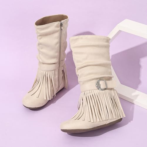 IWIHMIV Kids High Boots Little Girls Tassel Suede Long Boots Side Zipper Casual Round Toe Booties4