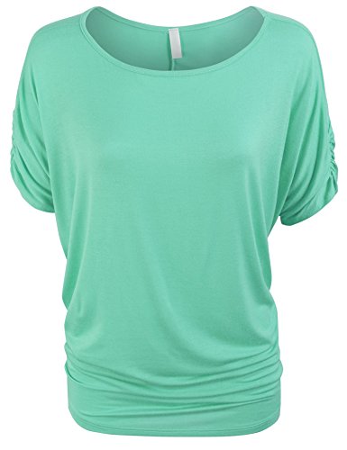 Kogmo Womens Solid Basic Womens Boatneck Dolman Top With Sleeve Shirring-2X-Mint #TOP6
