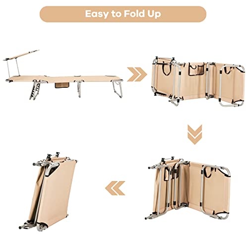 Tangkula Outdoor Folding Chaise Lounge Chair, 5-Fold Reclining Beach Chair, Patio Recliner Chair W/ 360° Canopy Shade & Side Storage Pocket, Portable Chaise Lounge For Beach, Sunbathing (2, Beige) #TOP6
