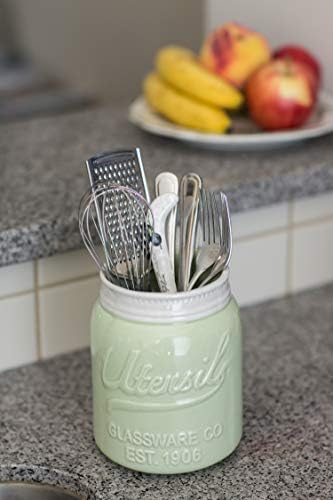 Comfify Wide Mouth Mason Jar Utensil Holder Decorative Kitchenware Organizer Crock, Chip Resistant Ceramic - Perfect Cookware Gift - Green, Large Size
