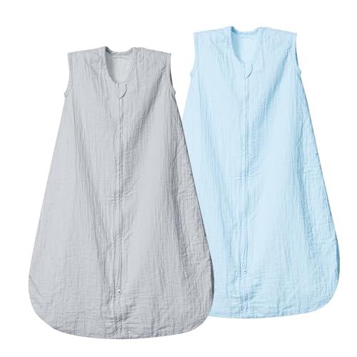 Image of david's kids Muslin Cotton Baby Sleep Sack 0-6 Months, 2 Pack 100% Cotton Sleeping Bag for Summer, TOG 0.5 Baby Wearable Blankets with 2-Way Zipper, Soft Sleep Sacks for Newborn Infant, Grey & Blue