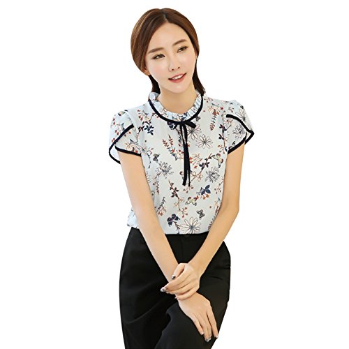 Soly Tech Women Retro Floral Print Chiffon Blouse Ruffled Collar Work Shirt Tops Light Blue