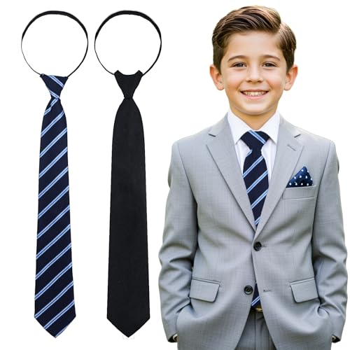 2 Psc Boy's Necktie Ties for Boys, Zipper Pre-Tied Adjustable Toddler Tie, Navy Blue & Black Kids Tie for School Uniforms, Wedding, Graduation