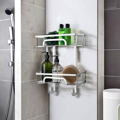 Direct Online Houseware House Of Home 2-Tier Hanging Shower Caddy, Rust-Proof Waterproof Bathroom Storage Shelf Silver Premium Nano-Coated Steel, Over-Door/Wall Mount Organiser