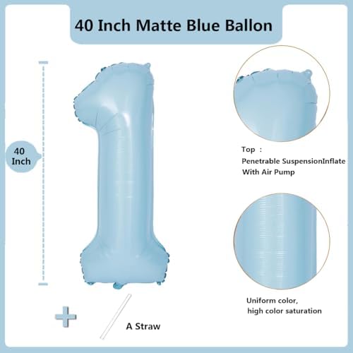 40 Inch Matte Blue 1 Number Balloons Light Blue Number 1 Foil Balloon Mylar Helium Balloon for Birthday Party Decoration Wedding Anniversary Supplies (Number 1) - 1