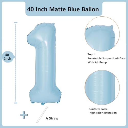 40 Inch Matte Blue 1 Number Balloons Light Blue Number 1 Foil Balloon Mylar Helium Balloon for Birthday Party Decoration Wedding Anniversary Supplies (Number 1)