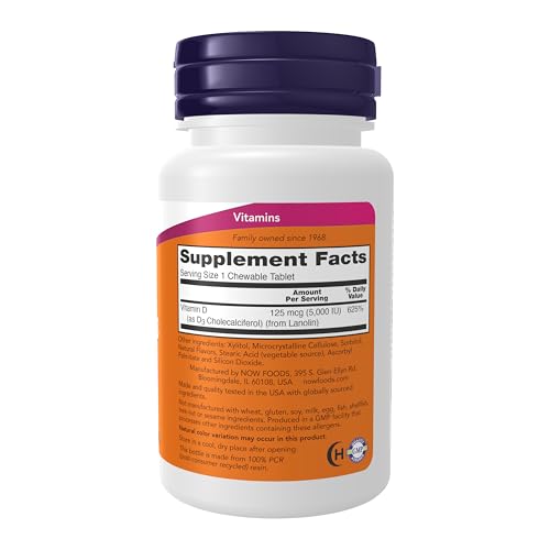 Image of NOW Foods Supplements, Vitamin D-3 5,000 IU, Natural Mint Flavor, Structural Support*, 120 Chewables