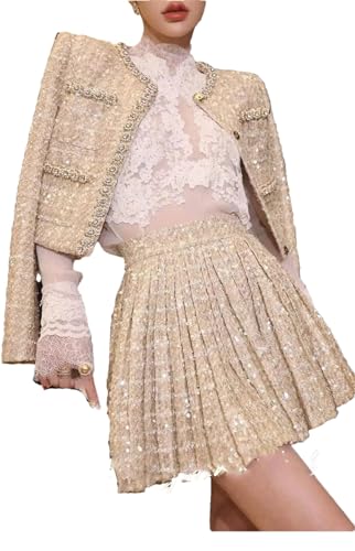 Womens Small Fragrance Beading Tweed Pearls Short Jacket Coat + Mini Pleated Skirt Suit Two Piece Sets Outifits