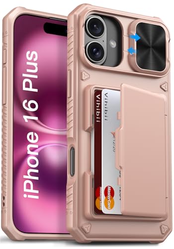Image of Vihibii for iPhone 16 Plus Case Wallet with Card Holder (4 Cards) [RFID Blocking] & Slide Camera Cover, Military Grade Drop Protection, Rugged Back & Silicone Edge Phone Cover, 6.7 inch 2024, Rose Gold