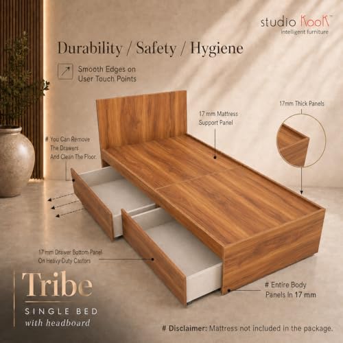Image of Studio Kook Tribe with Headboard Engineered Wood Single Bed with Drawers (Amber Walnut, Left Side Drawer)
