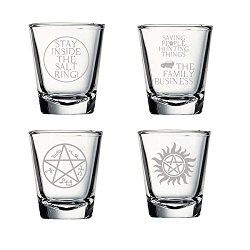 Brindle Southern Farms Engraved SPN 1.5 ounce Shot Glass Set of Four: Anti-Possession, Saving People Hunting Things, Stay Inside The Salt Ring, Dean's Baby, Supernatural Fan, Clear Glass