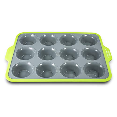Jxwing Premium Non-Stick Silicone Cupcake Baking Pan With Ergonomics Grips, 12-Cup Stainless Steel Core Muffin Pan, Green #TOP13