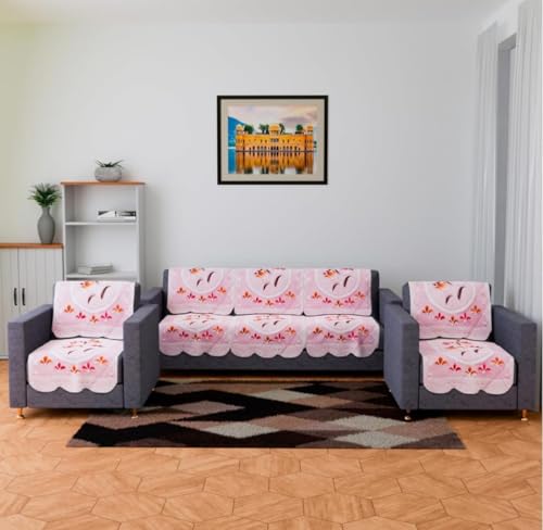 Image of Premium 3-Seater + 2 Single Seater Sofa Cover Set | Anti-Slip Cotton Blend Sofa Protector | Washable & Durability-Enhanced Fabric | Floral Design for Living Room Decor (Pink)