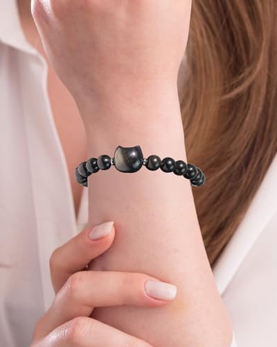 Beaded Bracelets for Women, Black Obsidian Money Attraction Bracelet, 8mm Healing Relax Anxiety Luck Crystal Bead Bracelets, Adjustable Jewelry Feng Shui Stretch Bracelet Cat Lover Gifts for Women Men4