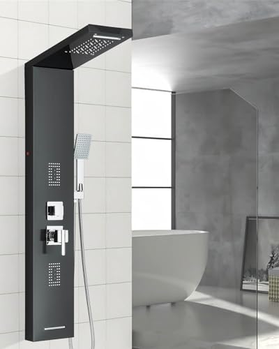 TVTIUO Columna de Ducha con Hidromasaje y LED, Sistema de Ducha con Cinco Funciones, Panel de Ducha Negro para el Cuarto de Baño, Acero Inoxidable.