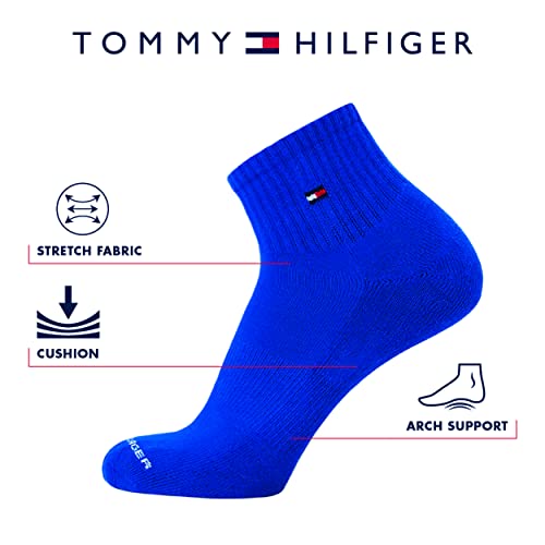 Tommy Hilfiger Men's Athletic Socks - Cushion Quarter Cut Ankle Socks (6 Pack), Size Shoe Size: 7-12, White Stripe #TOP2