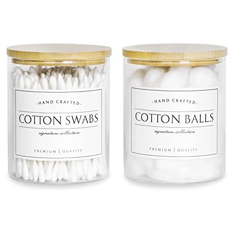 Volisnova Glass Qtip Dispenser with Bamboo Lids,2 Pack Farmhouse Bathroom Apothecart Jars, Vanity Storage and Organization for Cotton Swabs, Pads, Floss Picks with 8 Pcs Waterproof Labels Cover