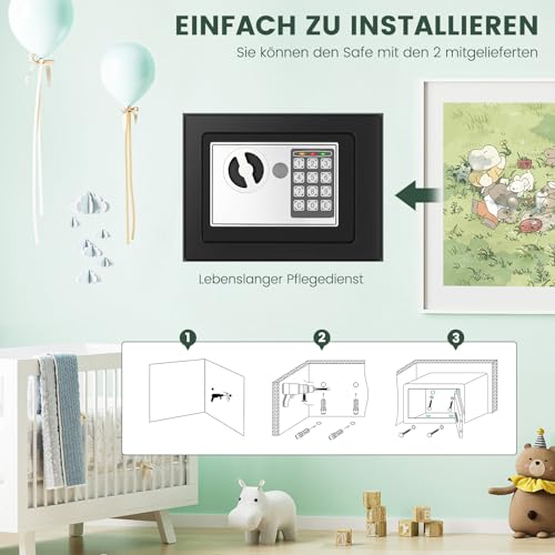 Mini Safe Tresor für Zuhause, Digitaler Tresor mit Ersatzschlüssel, Abnehmbarem Regal und Alarmanlage, Wandtresor mit Zahlenschloss für Bargeld Wichtiger Dokumente