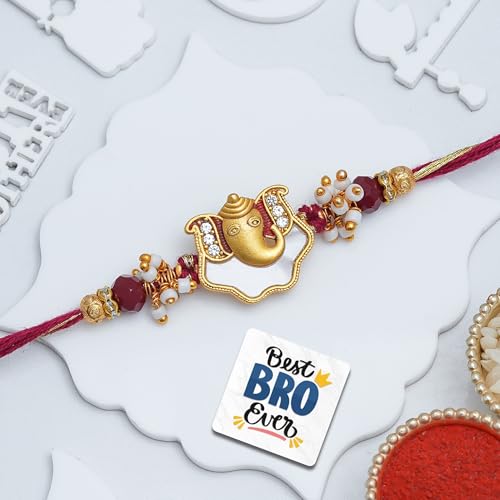 Image of eCraftIndia Ganesha Rakhi for Brother Bhaiya Bhai with Best Bro Ever Fridge Magnet | Roli Chawal Pack
