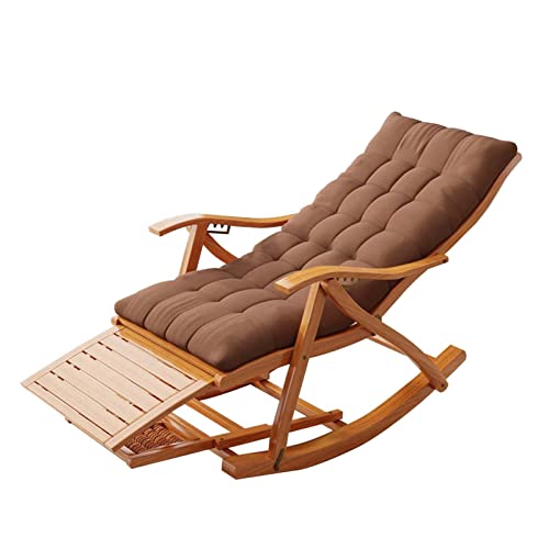 Mecedora de bambú reclinable para terraza y jardín al Aire Libre, Respaldo Ajustable, 5 Posiciones, cómoda Tumbona con Esterilla de algodón marrón