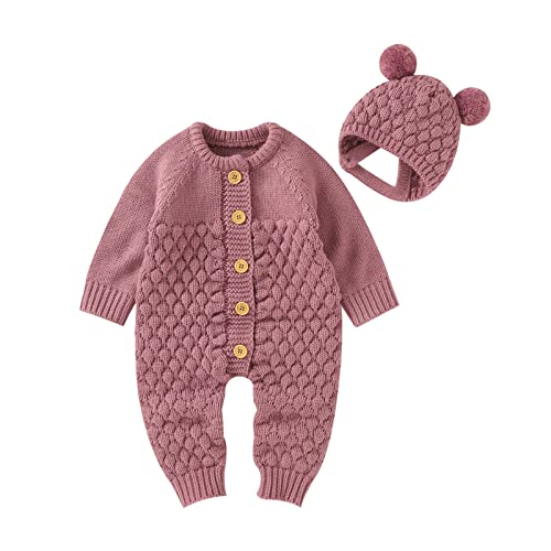 Image of Newborn Baby Boy Girl Fall Winter Clothes Long Sleeve Solid Color Knitted Button Romper Bear Hat Cute Toddler Outfit (Pink, 3-6 Months)