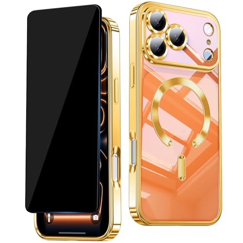vphioxlr Magnetic for iPhone 17 Pro Case Clear,with Privacy Screen Protector,Compatible with MagSafe [Non Yellowing] Full Camera Lens Protector Plating Soft Clear Phone Case for iPhone 17 Pro,Gold